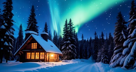 Naklejka premium Aurora Lights Shining Over a Cabin in the Snowy Wilderness_073