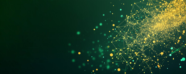 Abstract digital background with, a dark green background with glowing dots connected.  AI generation.