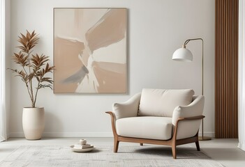 A minimalist living room with a large abstract painting on the wall, a beige upholstered armchair, and a wooden side table with a potted plant.
