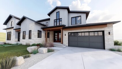 Modern House with Grey Garage Door and Wooden Front Entrance, Home Exterior Design