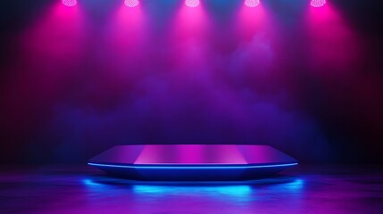 A futuristic, polygonal podium with neon lights and smoke.