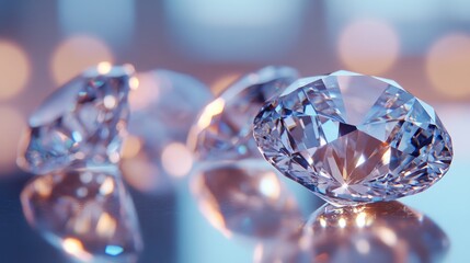 Close-up of sparkling diamonds on a reflective surface.