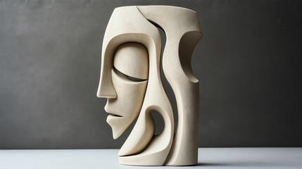 Abstract sculpture of a face with flowing features in a minimalist design on a neutral background