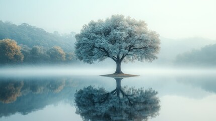 Serene tree reflected in calm water amidst misty landscape.