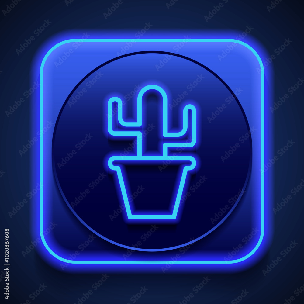 Poster cactus colour simple icon vector. flat design. blue neon style on button. with shadow