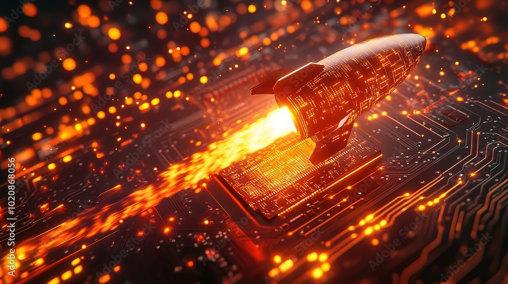 Poster high-tech scene featuring a digital rocket launching from a sophisticated al chip, the rocket's body