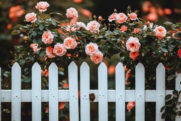 Fototapeta premium A White Picket Fence with Pink Roses Blooming in the Garden