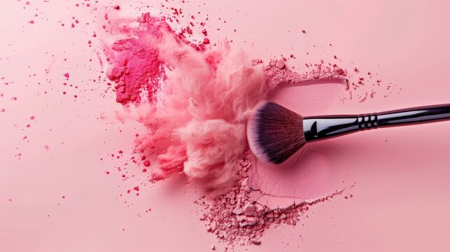 Dynamic pink makeup dust and brush burst against a soft pink background, creating a vibrant scene.