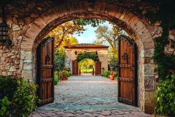 Fototapeta premium Stone Archway Leading to Courtyard with Wooden Doors
