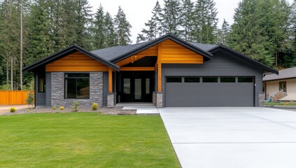 Modern House with Grey Garage Door and Wooden Front Entrance, Home Exterior Design