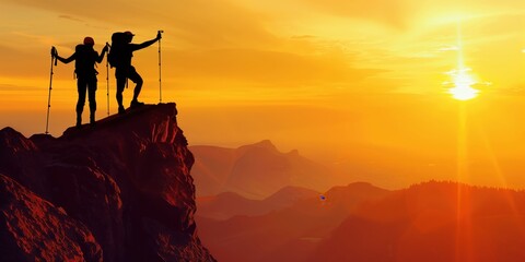 Silhouette of male and female standing raised hands with trekking poles on cliff edge, top of rock mountain over sunset background