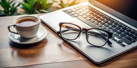 A top-down view of bifocal glasses positioned on a desk, surrounded by stylish workspace items, capturing the essence of a functional and