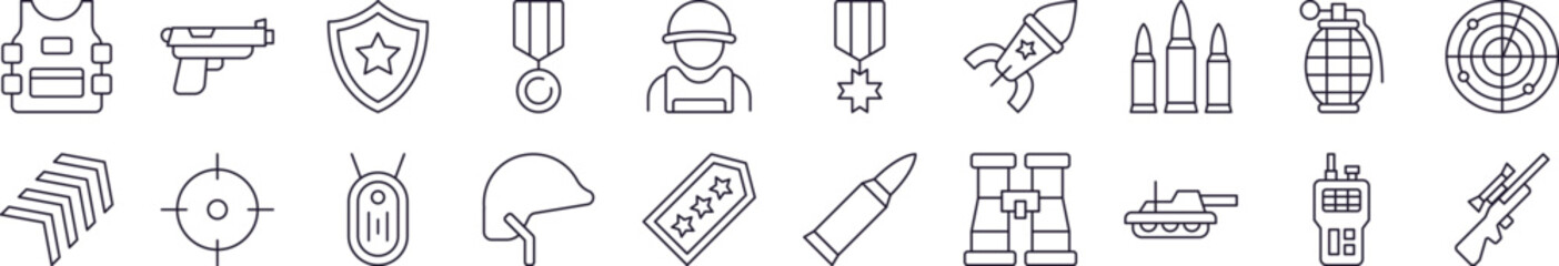 Army and Military Outline Image Collection. Editable Stroke. Perfect for Infographics, Articles, Books, Flyers, Banners