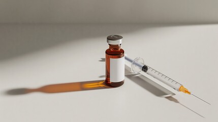 Brown semaglutide pill bottle, clear liquid with white label and grey metal cap. Long shiny plastic syringe on a light grey background. Marketing photo