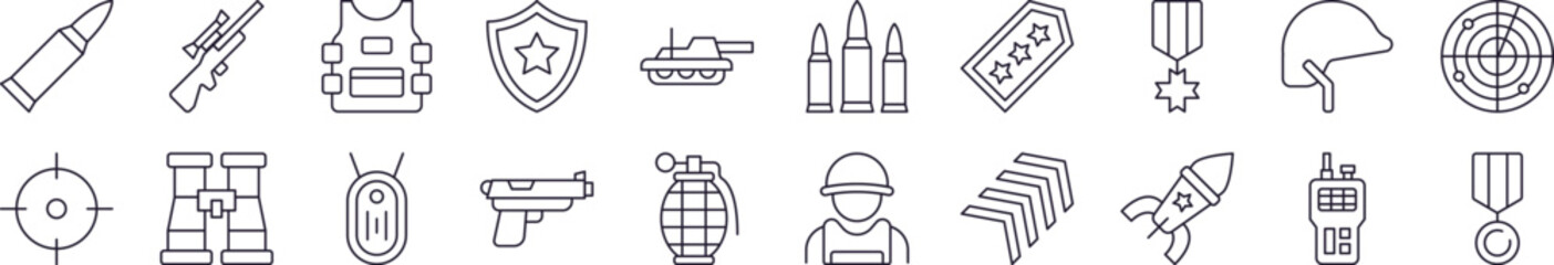 Army and Military Picture Collection. Editable Stroke. Perfect for Infographics, Articles, Books, Flyers, Banners