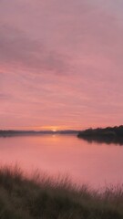 A peaceful early morning sky at dawn with low-hanging, fluffy clouds in soft shades of pink and orange, the sun just starting to peek over the horizon
