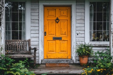 Yellow Doorway with a Weathered Wooden Bench and Greenery