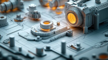 A high-definition image of technical drawings transformed into a cute 3D rendering, with each element lifted off the page. The close-up focuses on the intricate details of the drawing, making it
