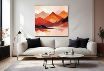 vibrant abstract landscape painting, with warm orange and red hues, depicts a mountainous scene with depth and movement.