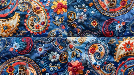 Closeup of vibrant blue fabric with intricate paisley and floral embroidery in orange, yellow, and white.