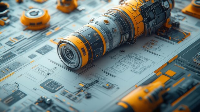 A high-definition close-up of technical drawings, with 3D elements floating above the paper. The designs are rendered in a cute, simplified style, making complex engineering drawings more engaging