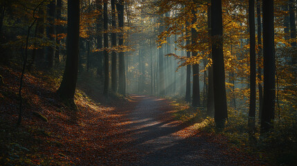 Fototapeta premium Harmonic autumn scenery in a colorful beech forest, with a footpath and a beam of soft light in tranquil misty atmosphere
