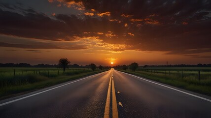 Naklejka premium Lonely Road Peaceful Street straight Highway route Sunset
