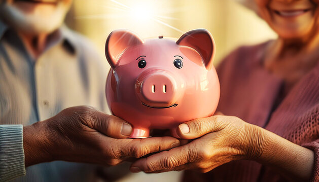 Extreme close-up of the wrinkled hands of an elderly couple holding a smiling pink piggy bank, elderly couple who together commit to saving for their future retirement. Generative Ai.