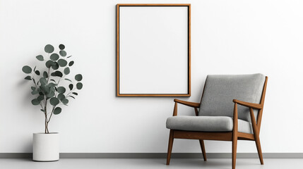 Minimalist interior with gray armchair, blank wooden frame on white wall, and potted plant in modern living room setup