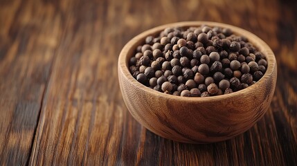 A bowl of black peppercorns on a rustic wooden table