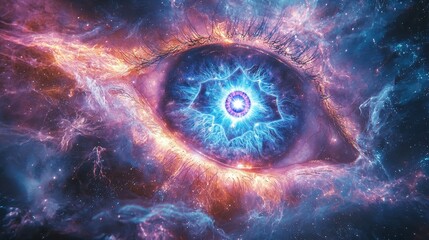 Abstract eye background concept. A mesmerizing cosmic eye surrounded by vibrant nebulae, symbolizing the connection between the universe and consciousness