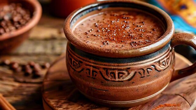 Mexican Champurrado. Corn Chocolate Hot Drink with Cinnamon. Traditional Coffee in Ceramic Mug. Festive Mocha Dessert Beverage