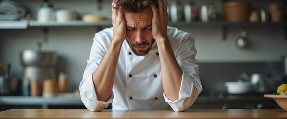 Stressed Chef with Intense Headache Struggling in Kitchen