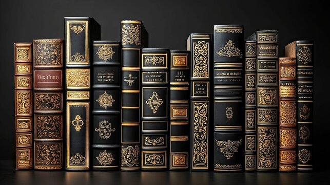 A Row of Ornate Leather-Bound Books with Gold Accents
