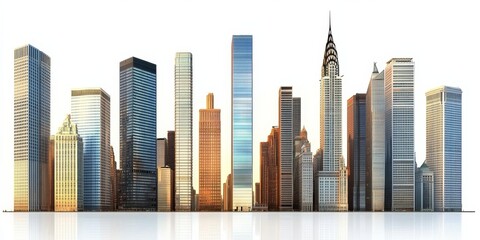 Fototapeta premium collection of towering skyscrapers with reflective windows, isolated on white, showcasing various heights and styles, ideal for corporate branding, construction projects, or business district visuals