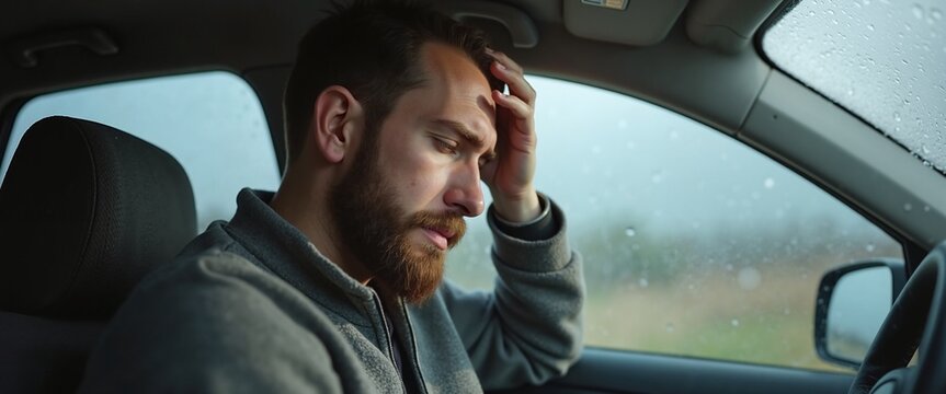Stressed Man with Distressed Expression Holding Head in Car on Rainy Day