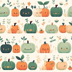 A cute pattern featuring cartoon-style pumpkins in various colors, surrounded by leaves and flowers, perfect for autumn or Halloween themes. Seamless pattern