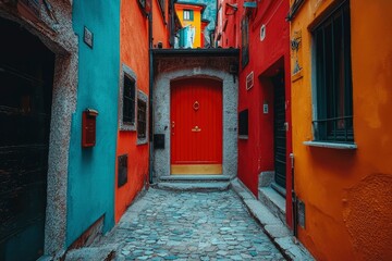 Red Doorway in a Colorful European Alleyway
