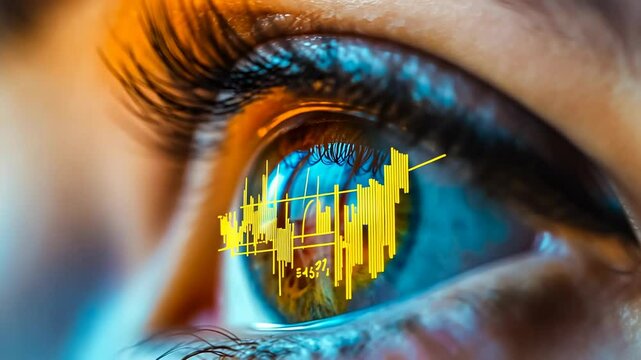 Detailed close-up shows a human eye reflecting a vivid, golden stock market graph. Implying concepts of vision, finance insights, and futuristic technology. Captures financial analytics seen through