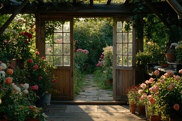 Naklejka premium Wooden Doorway Opening to a Stone Path and Rose Garden
