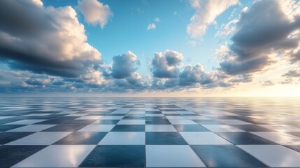 A checkered floor with a cloudy sky in the background