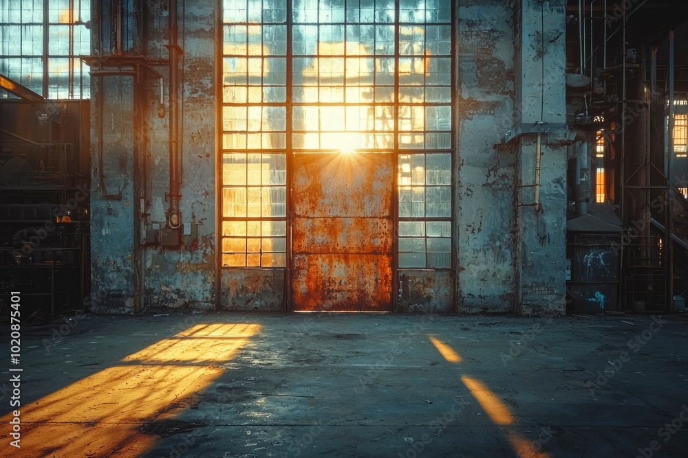 Poster sunlight streaming through windows in a derelict factory