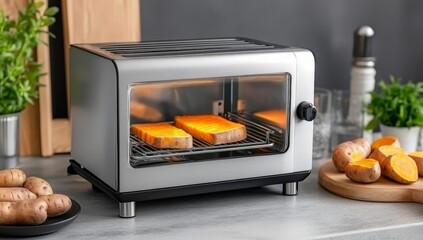 Modern Toaster Oven with Transparent Window on Kitchen Counter, Toasting Bread and Sweet Potatoes