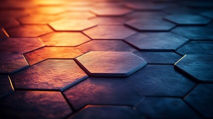 A close up of a hexagonal tile floor with a warm orange glow