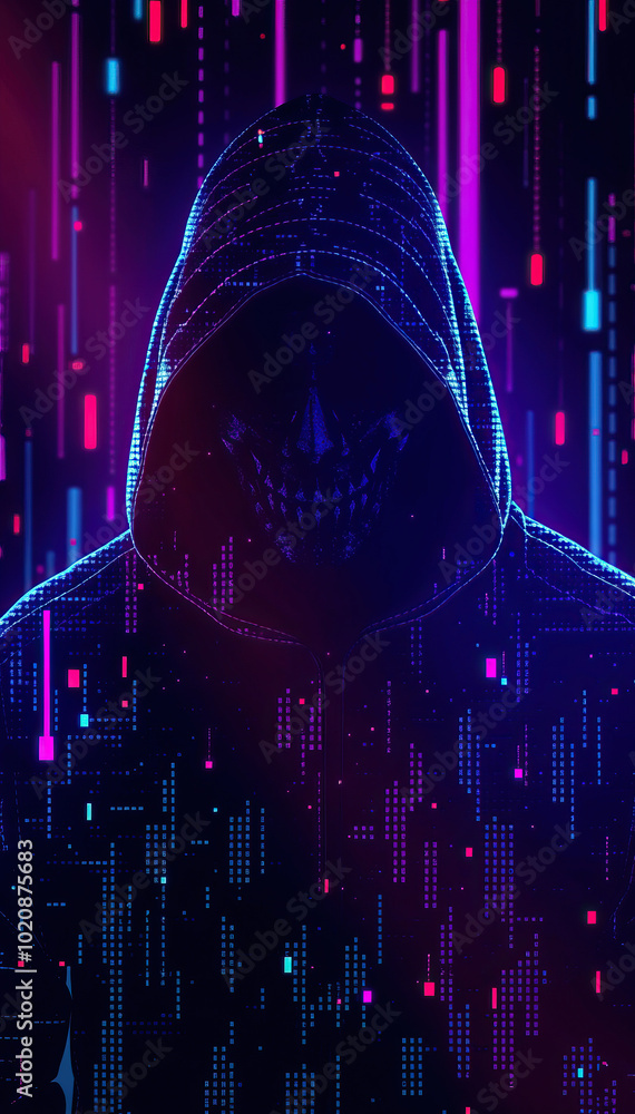 Poster dark hat hacker hooded figure with digital data pattern against neon light background cyber security hacking concept