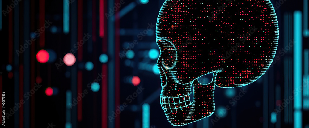 Poster digital skull illustration with neon data circuitry background technology cyber security concepts