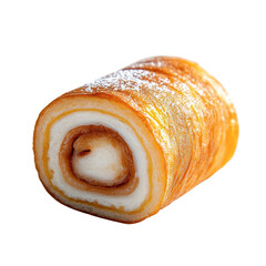 Fototapeta premium A golden-brown rolled dessert with a spiral appearance, lightly dusted with powdered sugar, showcasing layers of soft cake and creamy filling.