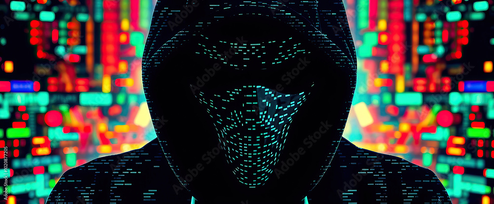 Poster silhouetted dark hat ethical cybercriminal hacker in hoodie with digital face mask against colorful data background technology cybersecurity concepts