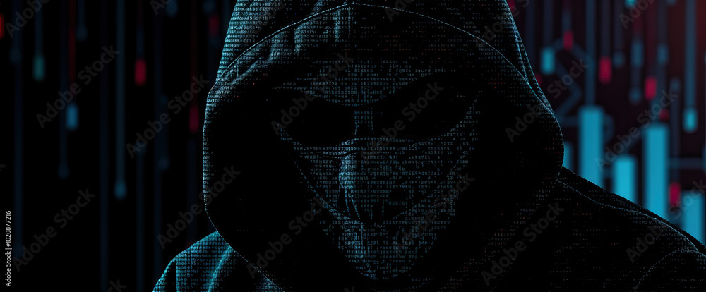 Aufkleber silhouetted dark hat ethical hacker figure in hoodie with digital code overlay against dark background with neon technology lines cybersecurity threat coding hack theme