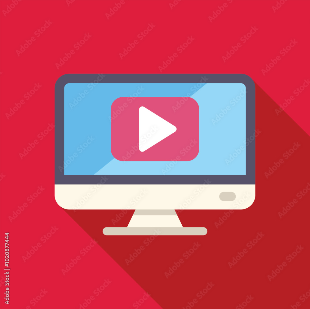 Poster desktop computer is displaying a video streaming service with a play button in the center of the scr